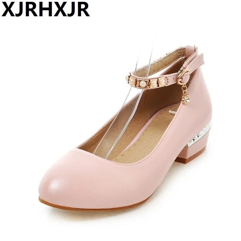 

XJRHXJR Size 32-42 Women Low Heels Princess Shoes Beading Round Toe Thick Heel Pumps Concise Ladies Office Party Footwears