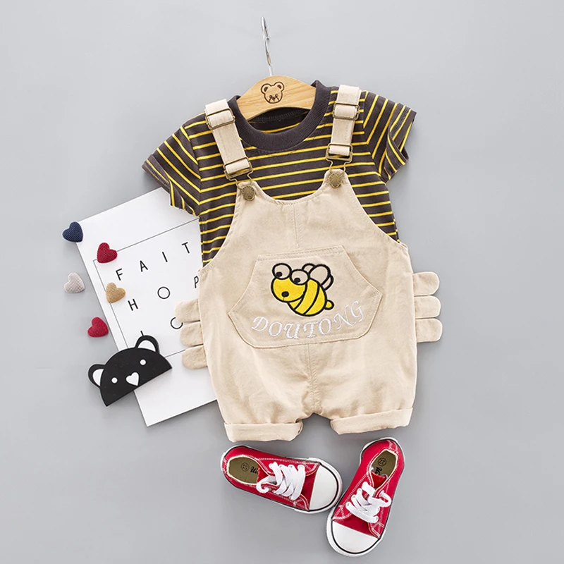 Милый комплект одежды для маленьких мальчиков и девочек, комплект одежды из 2 предметов с рисунком пчелы футболка с полосками короткие комбинезоны комплекты одежды для младенцев