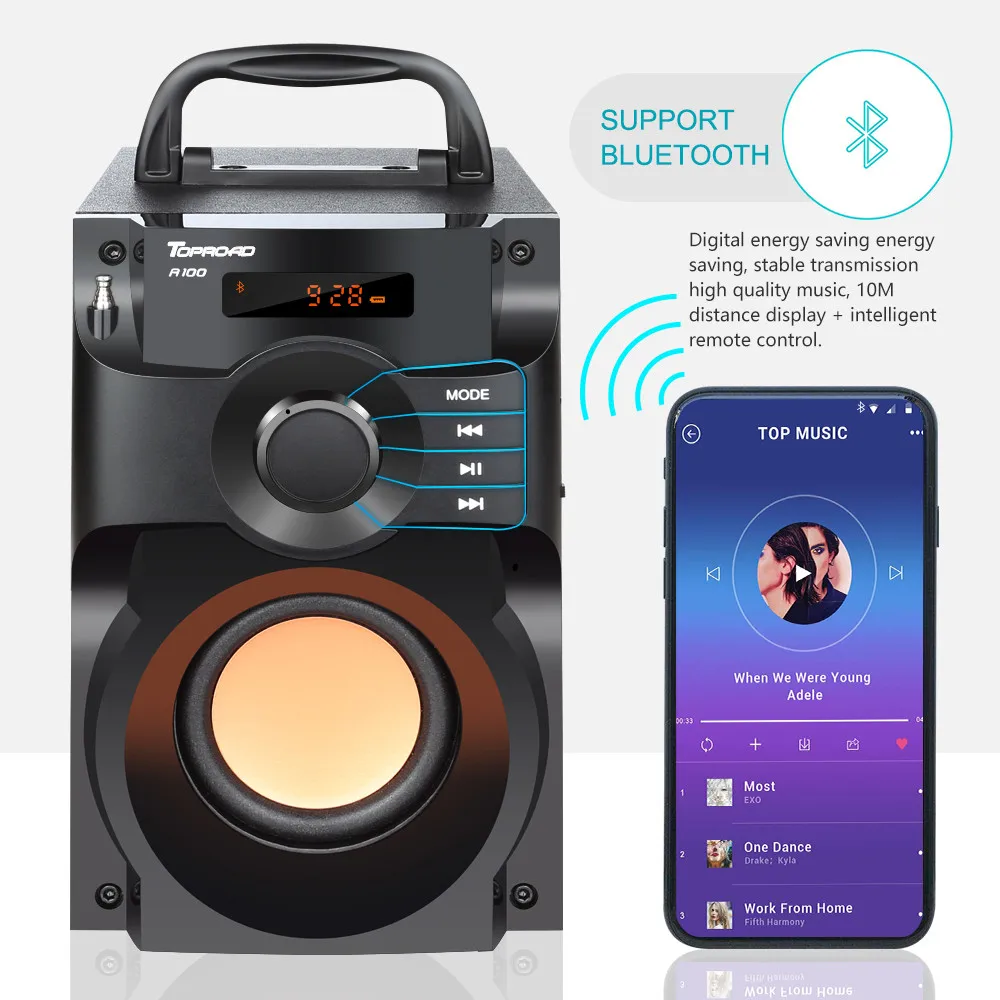 Колонка Bluetooth TOPROAD большой мощности беспроводной динамик с сабвуфером тяжелые