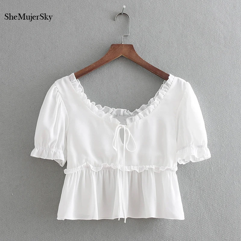 

SheMujerSky White Ruffles Short Chiffon Blouse 2018 Summer Fashion Short Sleeve Shirt Bandage Tops blusas de gasa mujer