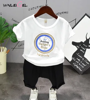 

2CS WLG boys summer clothing set kids casual white green letter t shirt and harem shorts set baby clothes children