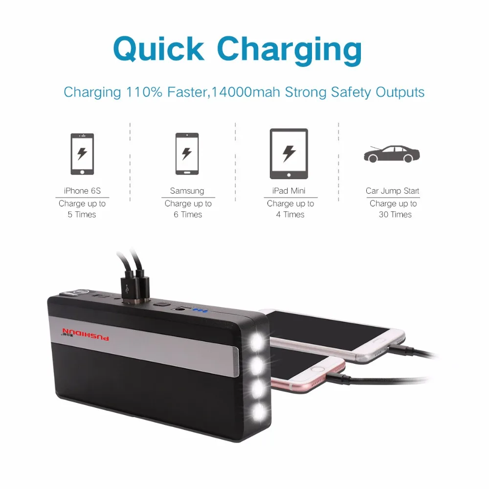 PUSHIDUN Start Motorcycle Multi function Jump Starter With Smart Clamps Four in One USB Cable