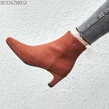 Couro genuíno das mulheres tornozelo botas de saltos altos das senhoras vestido sapatos mulher primavera outono senhoras do dedo do pé quadrado botas big size 42 43