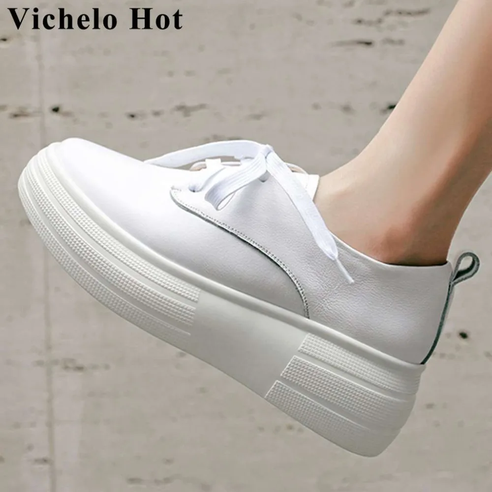 

Vichelo Hot genuine leather lace up sneakers flat platform round toe high bottom plus size concise daily vulcanized shoes L1f4