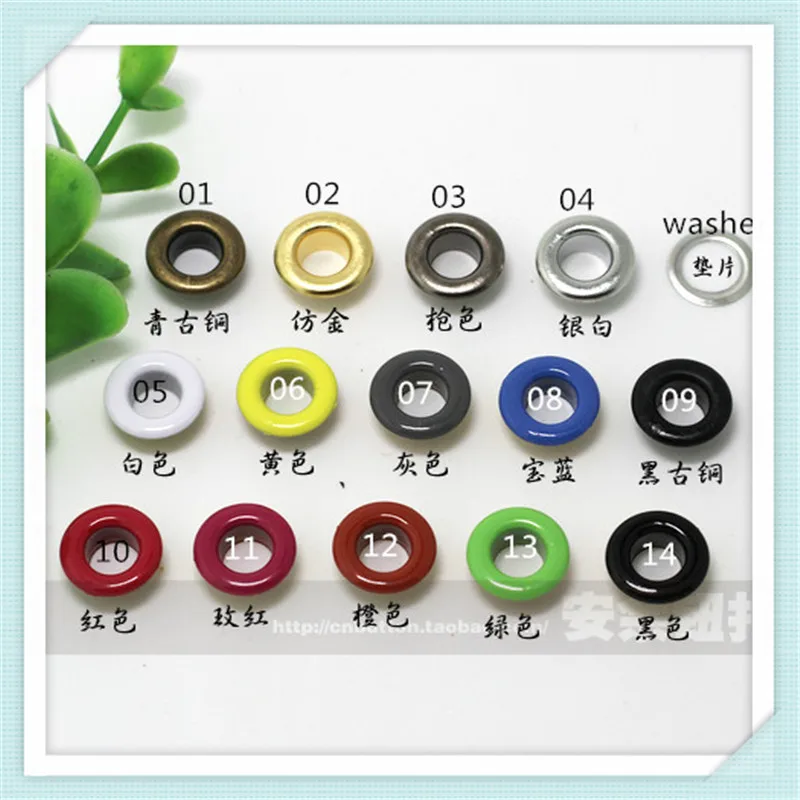 

Free Shipping 1000 x 5mm 14 Plating Colors Eyelets with Washers in Various Colours for Garments - (Size No: 300# - 5mm) EE-03