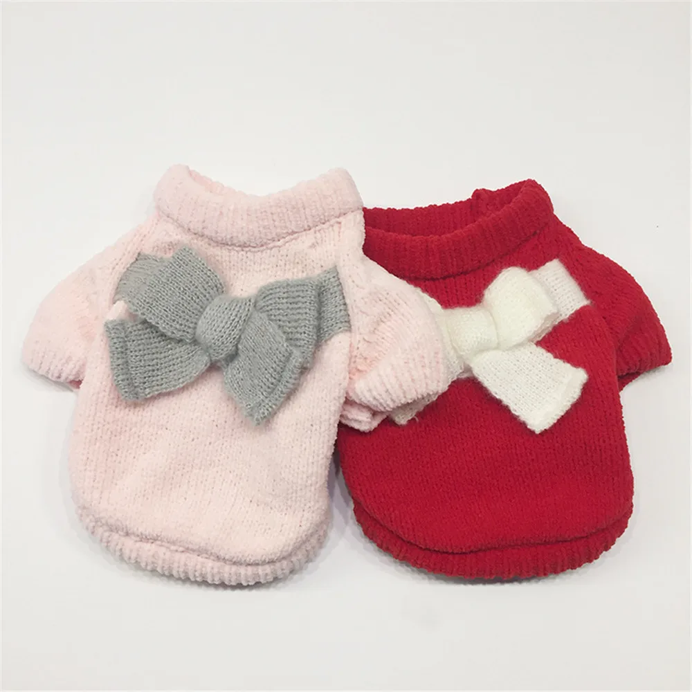 FASHION Pet Clothes Puppy Solid Color Bow Knot Sweater Cute Sweater
