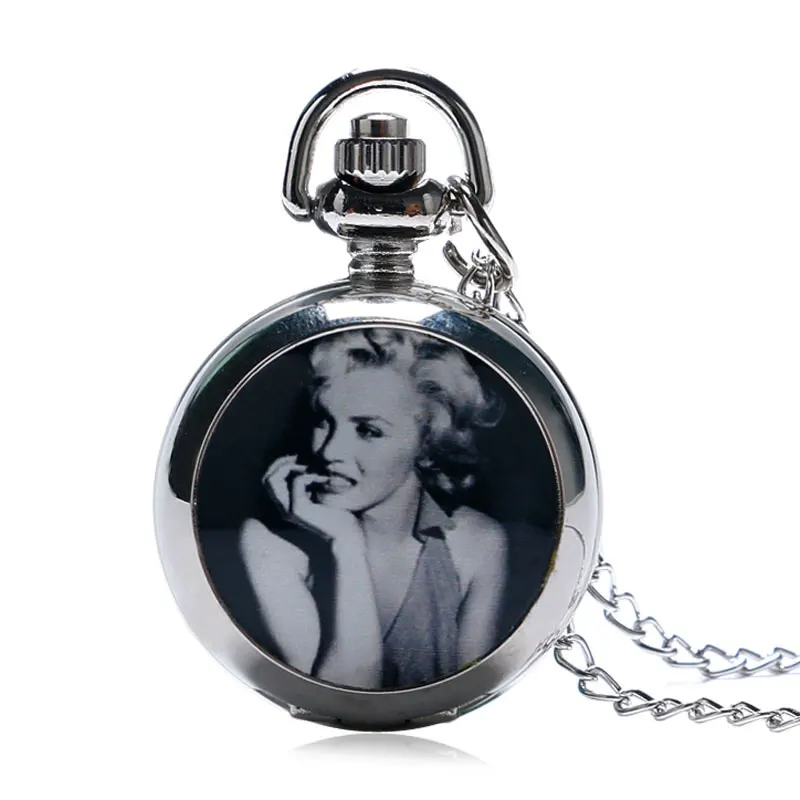 

Popular Marilyn Monroe Pattern Fashion Silver Necklace Chain Small Quartz Pocket Watch Pendant With Mini Mirror Inside Gift