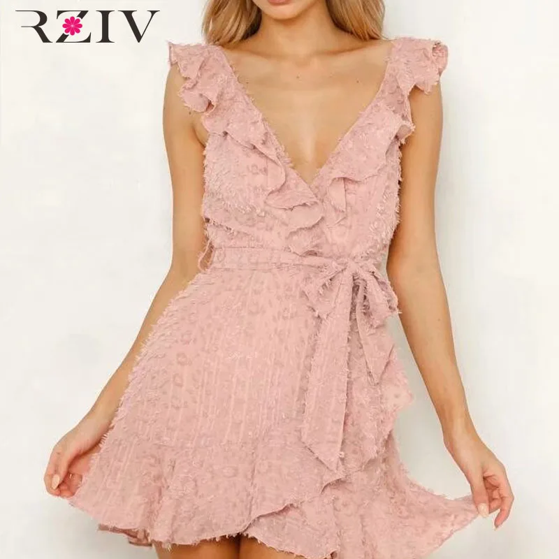 

RZIV Summer women dress casual dress belt decoration solid color flouncing