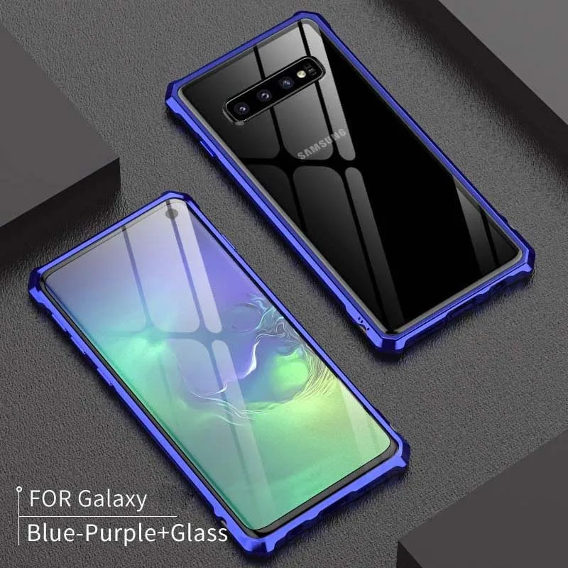 Роскошные Алюминий металлический чехол-броня для samsung Galaxy S10 плюс S10 E S10 тонкая рамка корпус бампер задняя прозрачная Стекло KS0007 - Цвет: blue purple