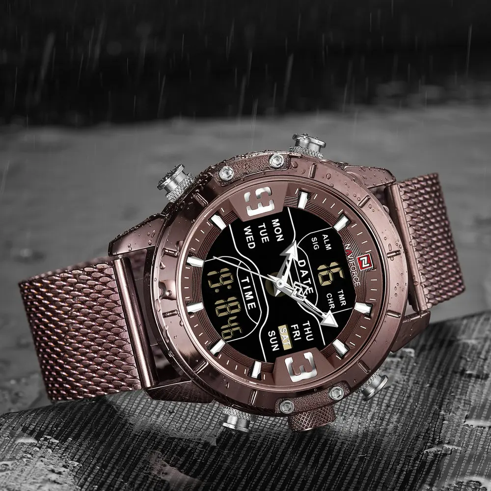 

NAVIFORCE Brand Men Sport Watch Dual Time Quartz LED Digital Clock Ultra Thin Mesh Strap Waterproof Luxury Dress Chic Wristwatch