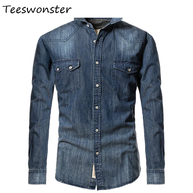 New Fashion 2017 Men Designer Denim Shirts Dark Blue Dress Long Sleeve