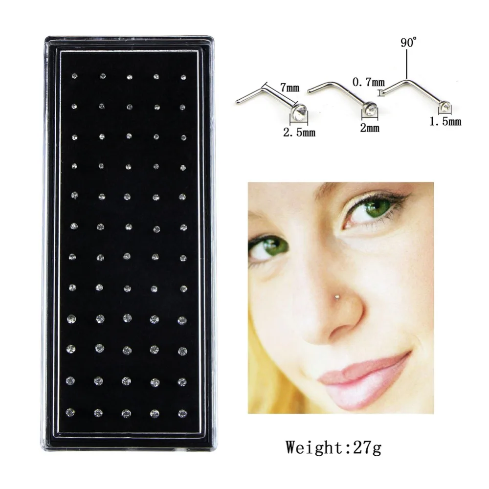 

60pcs Zircon Nose Ring L Shape Stainless Steel Crystal Rhinestone Nose Piercing Jewelry Nose Rings And Studs #281670