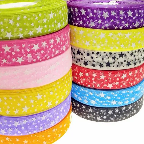 suoja 10Yards/lot 1"(25mm) Printed Star Organza Ribbon Hair Bow Wedding Christmas Decoration DIY Sewing - Цвет: random MIX