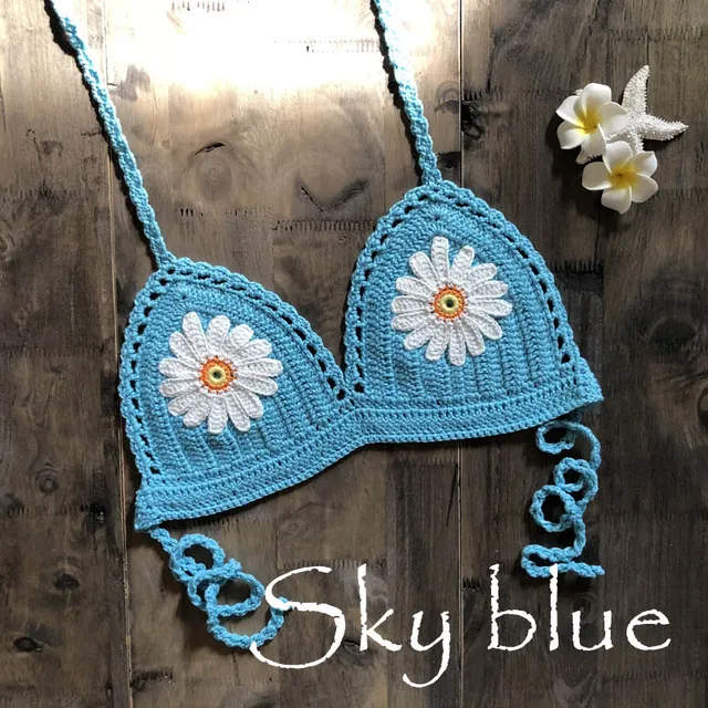 9 Color 2019 Sexy Bikini Top Women's Halter Neck Crop Top V Knit Crochet Cami Summer Fashion Bikini Lace Crochet Hollow Out Bra sky blue