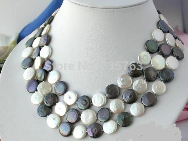 

NEW N713 3ROW 14MM WHITE BLACK COIN FW PEARL NECKLACE MAGNET