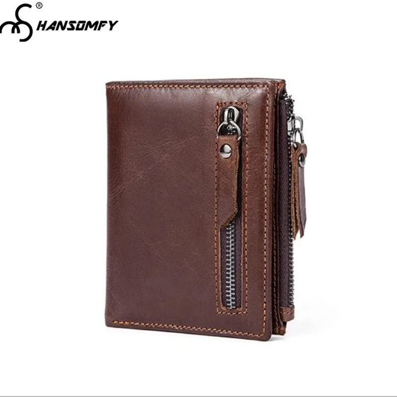 

Men's Genuine Leather Short Wallets Top Layer Leather Retro Multi-Card Zipper Clutch credit card holder Coins purse male wallet