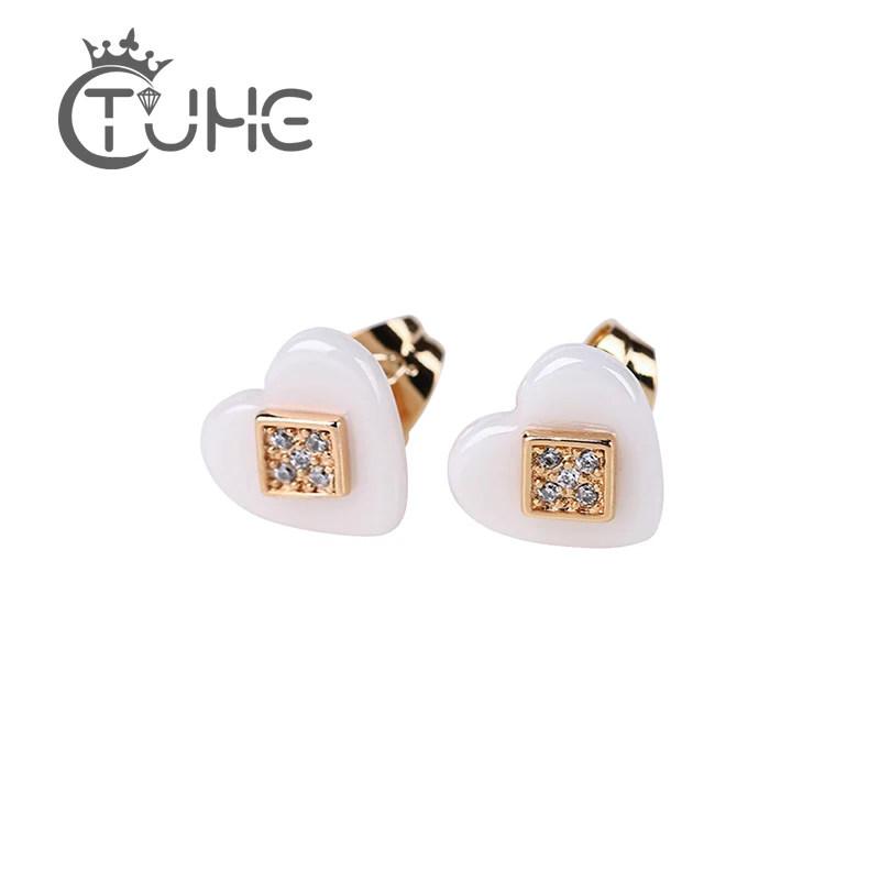 

Fashion 585 Gold Sliver Love Heart Stud Earrings For Women Girl Simple Crystal Statement Ceramic Earrings Wedding Jewelry Gift