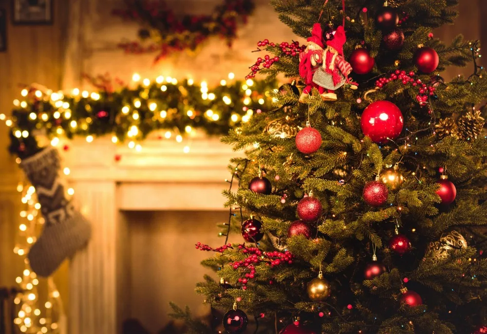

Laeacco Dreamy Christmas Tree Bauble Fireplace Sock Polka Dot Light Bokeh Photography Background Backdrop Photocall Photo Studio