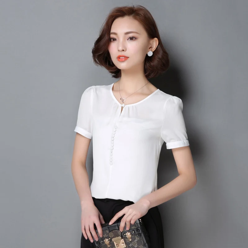 

2019 New Fashion Women Summer Button Short Sleeve Blouse Loose Chiffon Top Shirt Light Color Elegant Office Formal Party Blouses