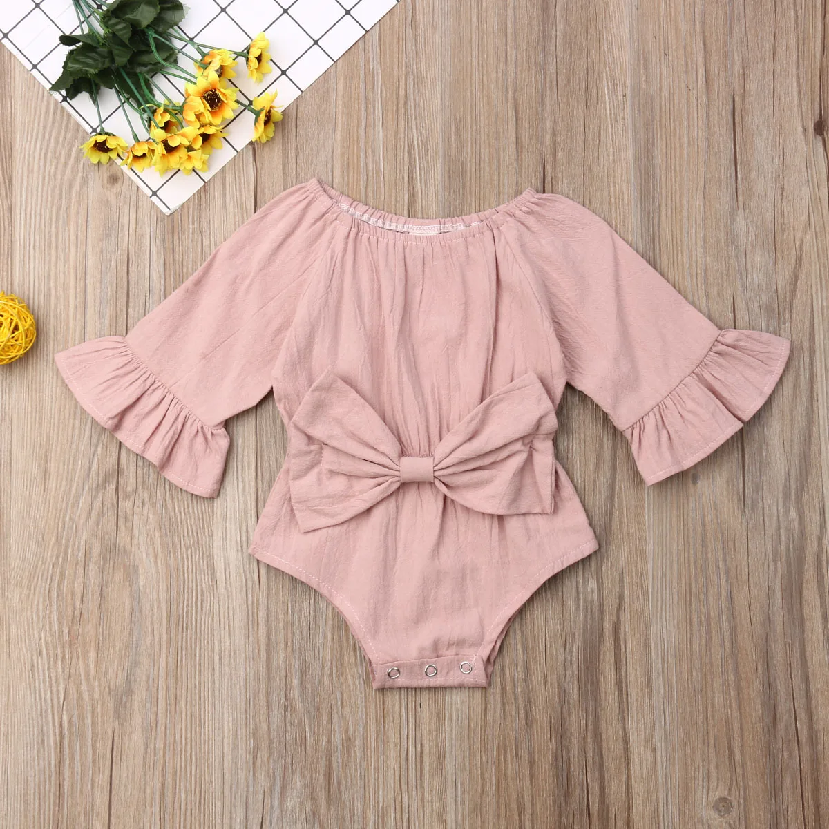 Pudcoco Newborn Baby Girl Clothes Solid Color Long Sleeve Bowknot Receive The Waist Cotton Romper Jumpsuit One-Piece Outfit Set