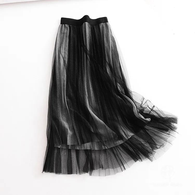 Розовый, черный эластичный пояс стрейч высокая талия миди плиссированный Блестящий тюль юбка для женщин женские юбки saia saias faldas