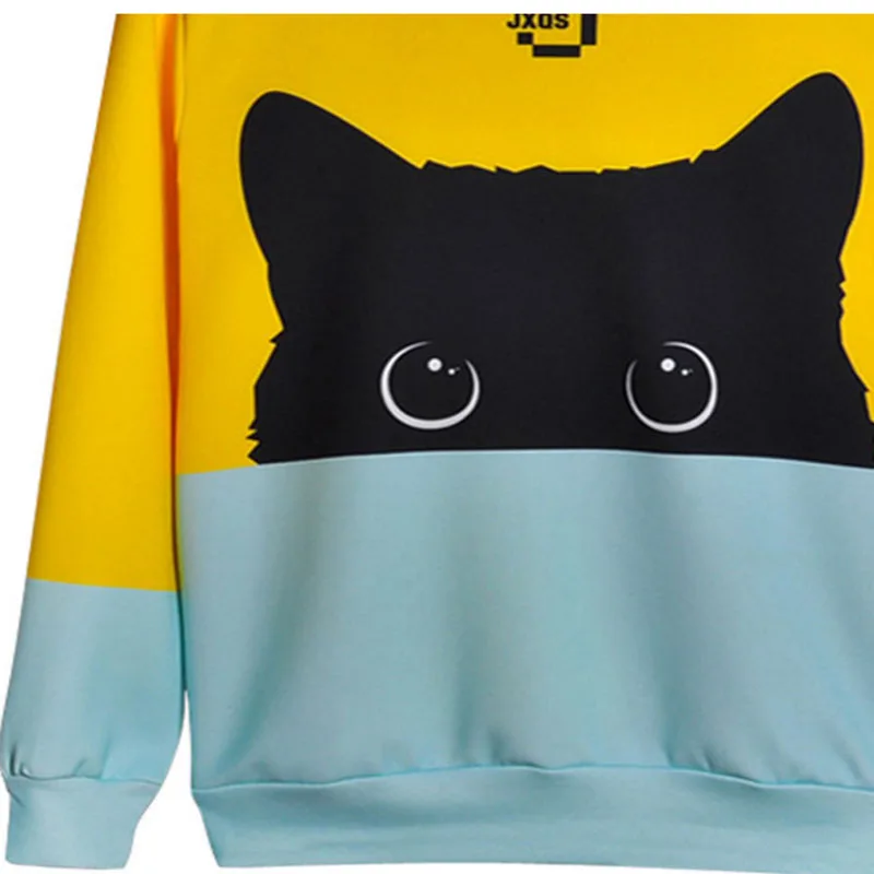 

Spring and Autumn Casual Long Sleeve Sweater Yellow Blue Cat Print O Neck Sweatshirt Women's Fashion Tops