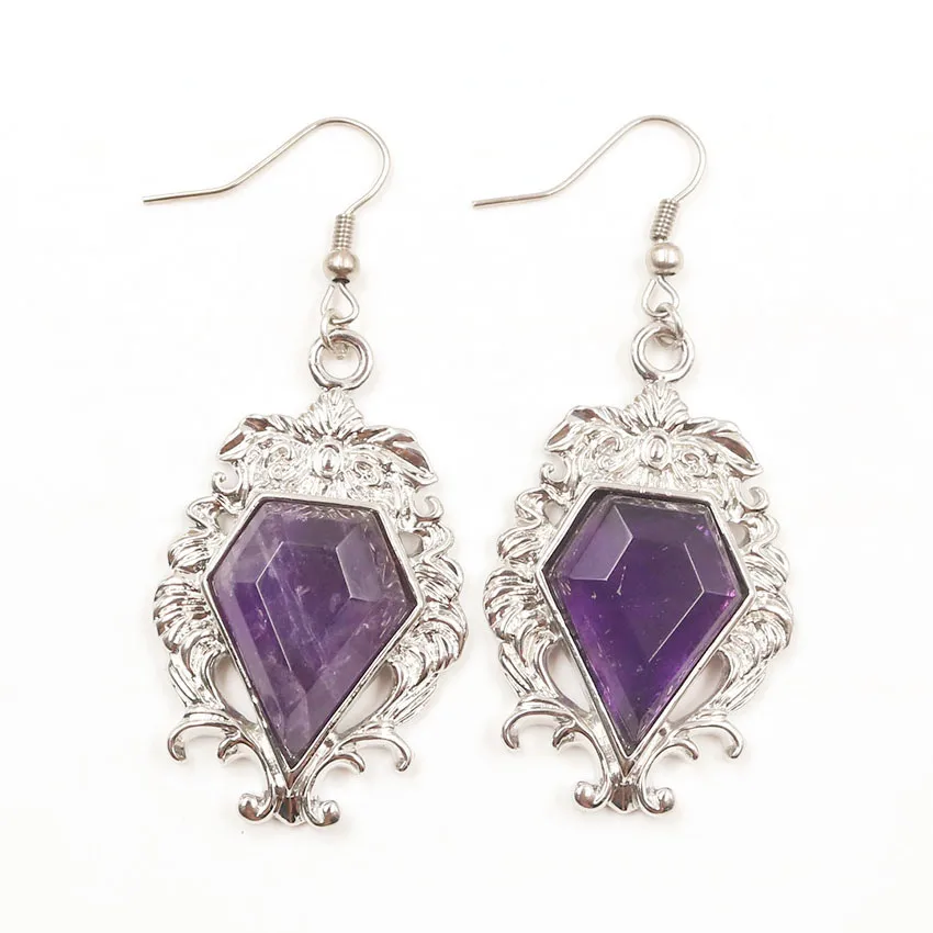 

FYJS Unique Jewelry Silver Plated Pentagon Arrow Natural Purple Amethysts Stone Dangle Earrings