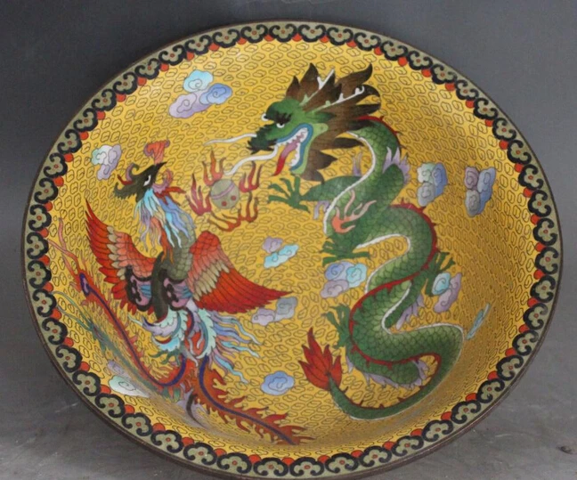 

002943 12"Chinese Bronze Cloisonne Enamel Royal Palace Dragon Phoenix Bowl Basin Statue