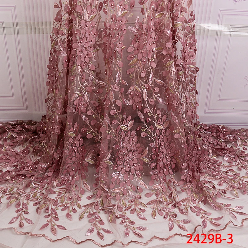 

Onion African Lace Fabric High Quality 3d French Lace Fabric With Beads Sequin Embroidery Tulle Lace Fabric For Wedding PGC2429b