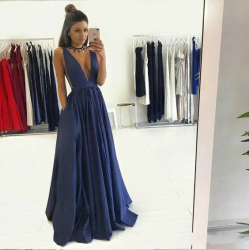 Deep V-Neck Navy Blue Prom Dress Party Evening Gown Wedding Guest Formal Custom Deep V-Neck Navy Blue Prom Dress Party Evening Gown Wedding Guest Formal Custom