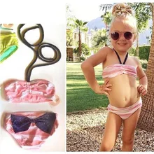 Лидер продаж, летний купальный костюм-бикини для девочек из 2 предметов в розовую полоску, милые детские купальники для девочек с принтом, купальный костюм для малышей