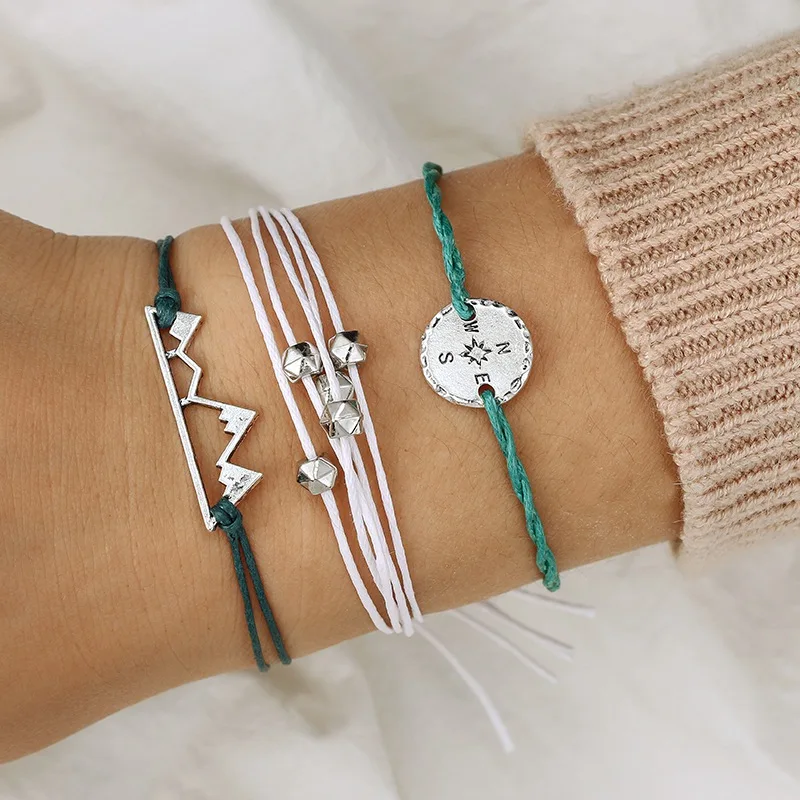 

Rinhoo Charming 3Pcs/set Bracelet Sets Compass Beads Bohemian Multilayer Rope Chain Silver Hollow Mountain Bracelet Set Jewelry