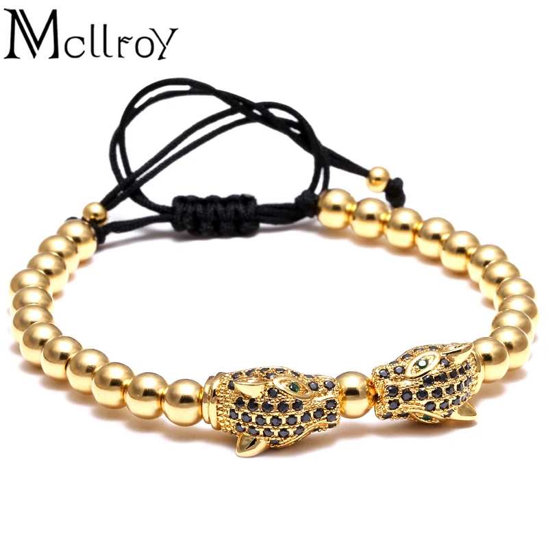 Baratos Mcllroy marca hombres pulseras cuentas redondas y cuentas de leopardo trenzado macramé Europeo Americano tejido pulseras para hombres