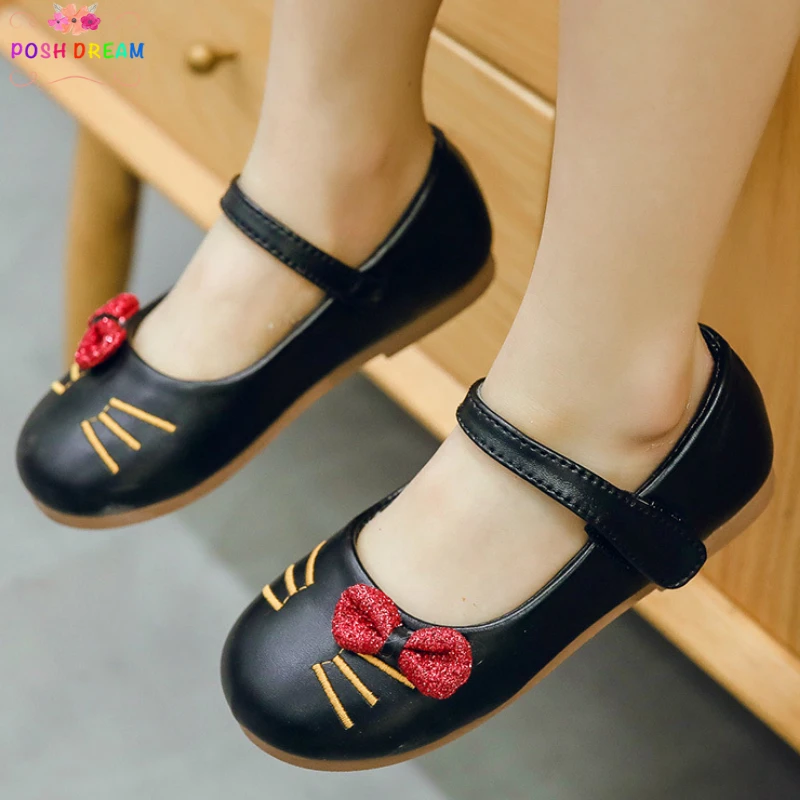 

POSH DREAM Cartoon Cat Girls Kids Party Shoes Princess 2019 Children Girls Flat Bottom Shoes PU Leather Kids Shoes for Girl