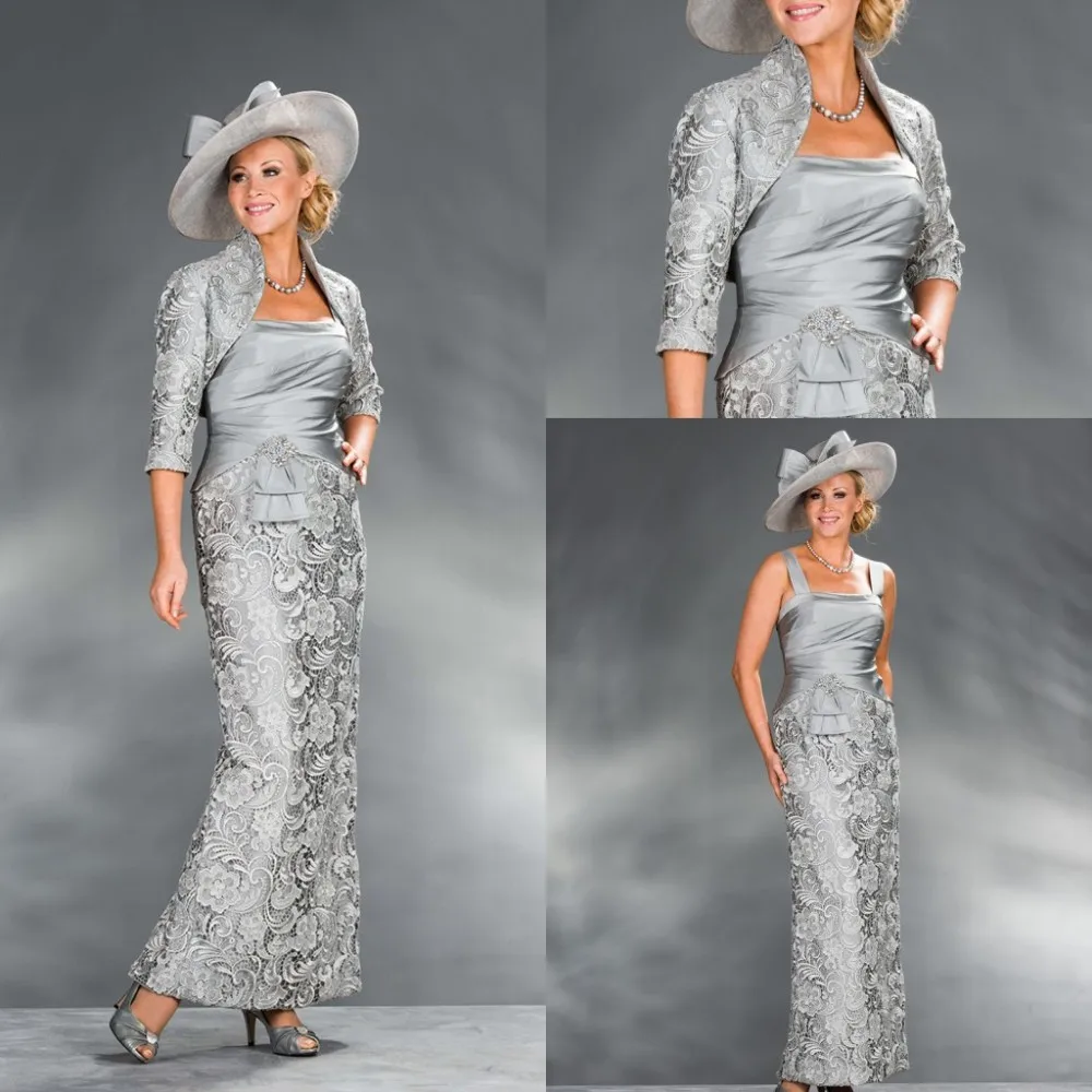 

2015 Mother of the Bride Dresses with Lace Jacket crystal Sheath ankle-length Formal Gowns Silver Party Dress Free Shipping