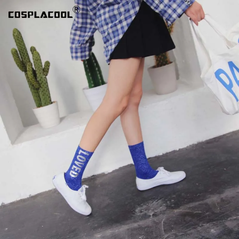 [COSPLACOOL]Silver Loved Word Shiny Glitter Socks Women Japanese Novelty Hipster Heap Heap Meias Skarpetki Chaussette Femme