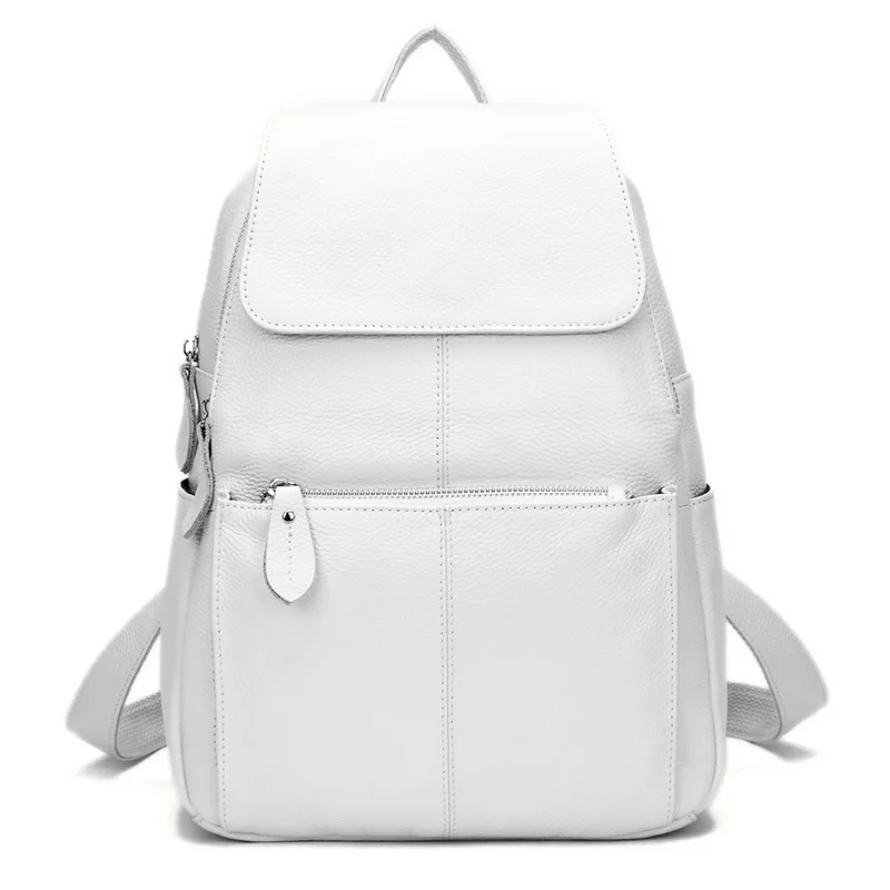 ZENCY100% Genuine Cow Leather Many Pockets Women Ladies Girl Silver Gray White Pink Light Blue Backpack Top Cowhide School Bags 