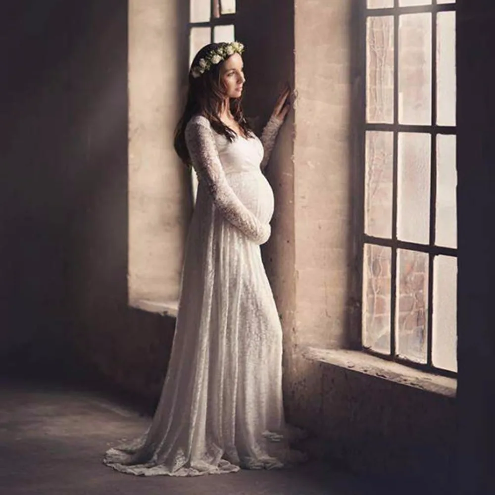 Кружевное платье для беременных фотография Опора v-образным вырезом праздничные платья с длинными рукавами Свадебные платья для беременных для фото ткани плюс