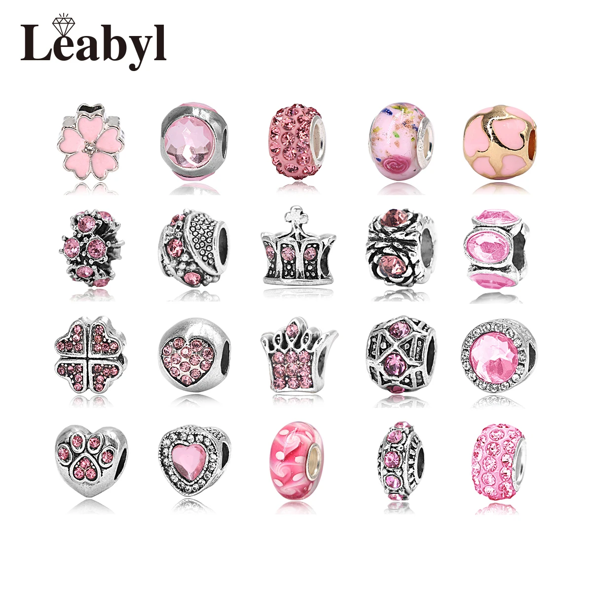 

4PCS/LOT Leabyl European & American Pink Crystal Alloy Charms fit Pandora Bracelet Silver Crown Heart Flower Bead for DIY Making