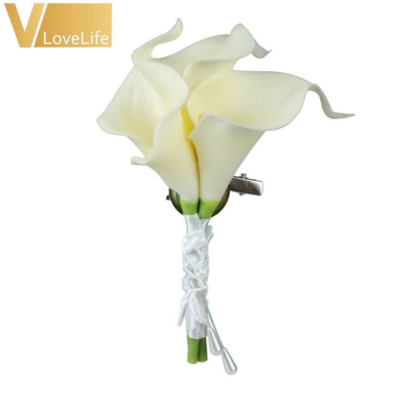 

5Pcs/lot Handmade PU Calla Lily Corsage Artificial Flower Brooch Bouquet Boutonniere Corsage Clip-on Wedding Party Supplies