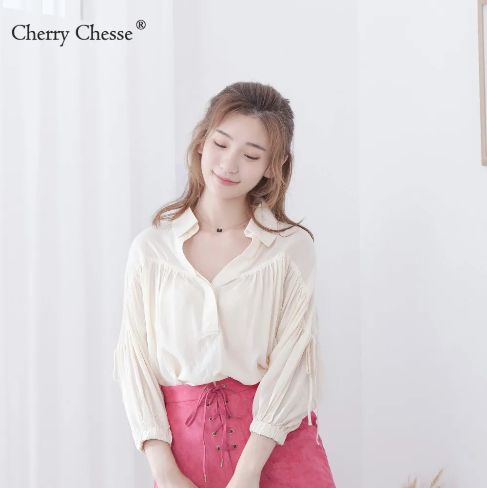 Cherry Chesse 2018 сладкий поясом блузка рубашка Для женщин Фонари рукавами в стиле