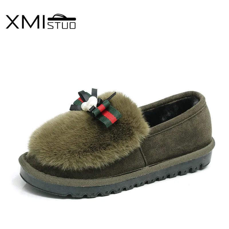 

XMISTUO Winter Women Slip-on Plush Flats Solid Casual Boots Lovely Bow Warm Faux Fur Outdoor Ankle Boots Ladies 3 Color 7197W