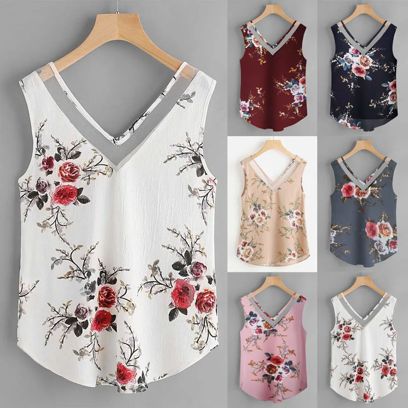 

Summer Floral Shirt Women Casual Sleeveless V-Neck Shirt