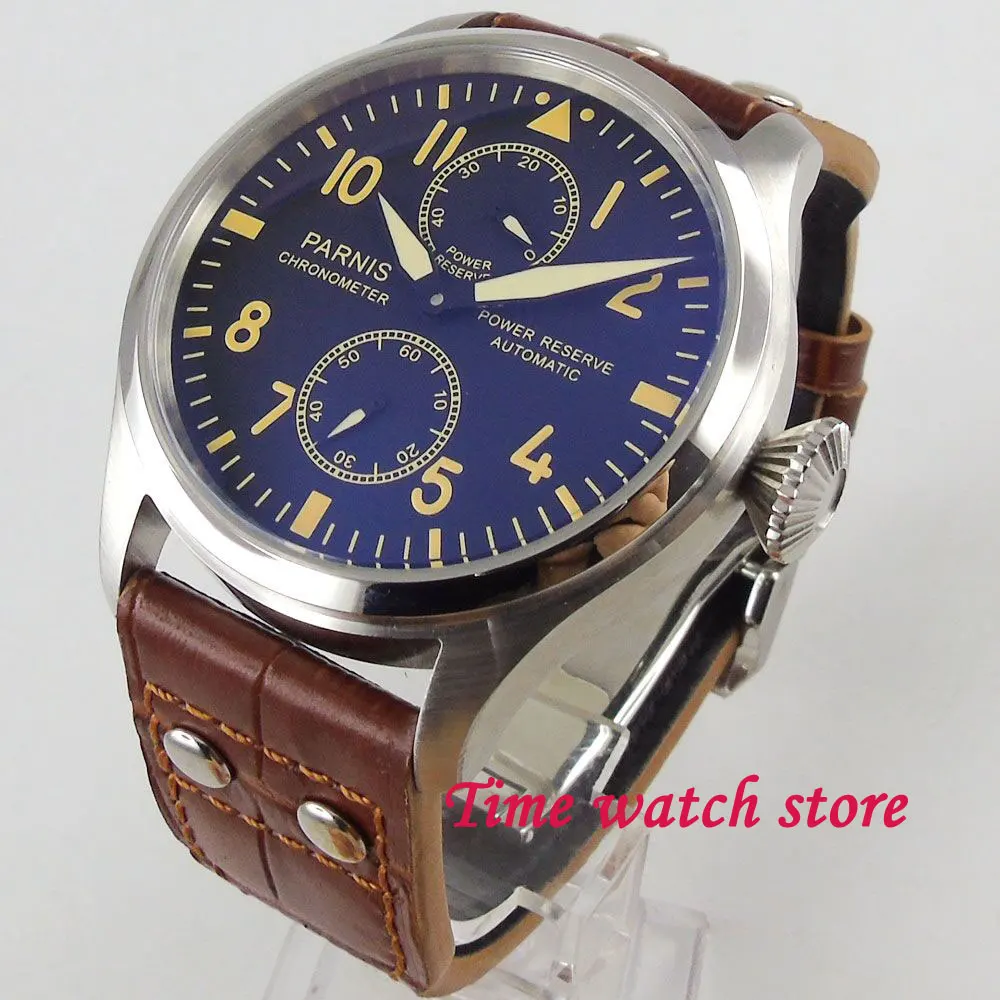 

Parnis 47mm mechanical auto watch men waterproof brown leather strap power reserve Black dial blue mark luminous wrist 1195
