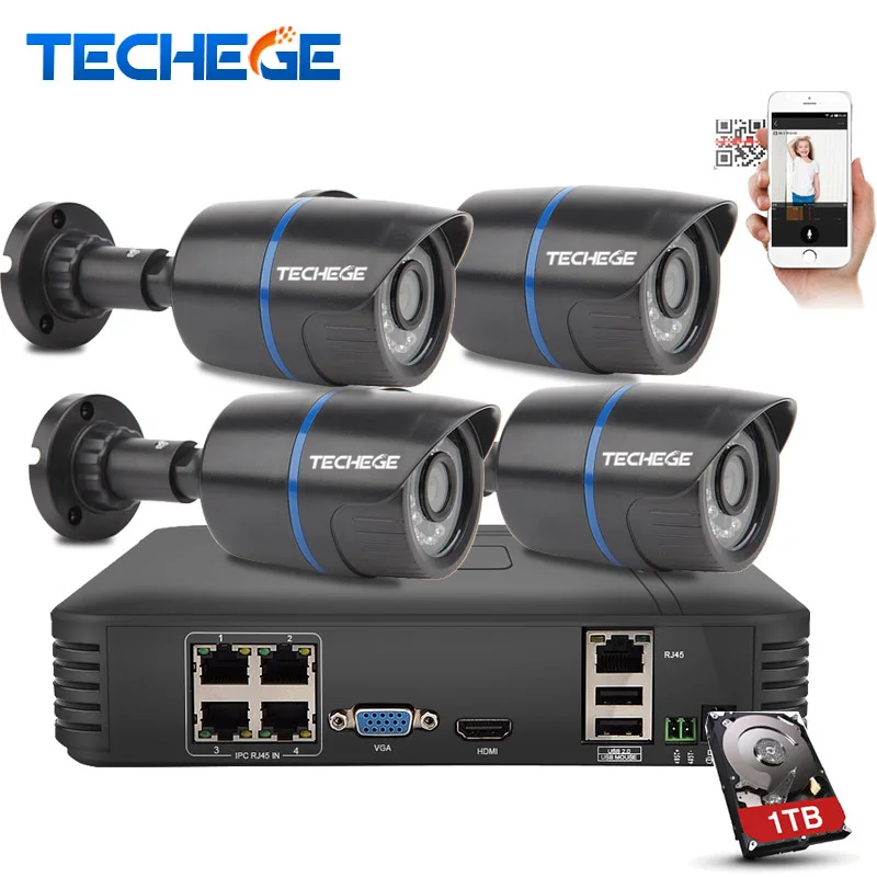 Techege 4CH POE NVR 1080P HDMI 4 шт. 1.0MP IP камера ИК всепогодный Открытый 720 P видеонаблюдения
