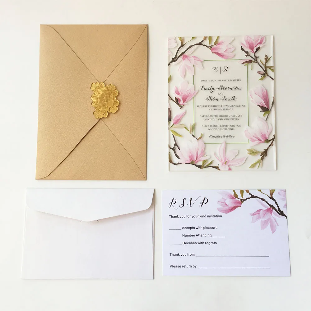  Customized Beautiful Peach Blossom Water Color Style 128*165mm Frosted Acrylic Wedding Invitation C - 32848153497