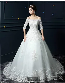 

Fashion White lace half sleeve beading lace appliques wedding dresses court train formal a line bridal gowns hot sale