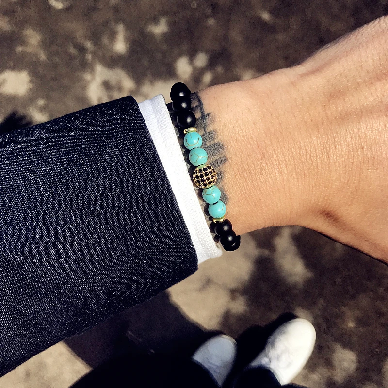 

Bracelets for Men Fashion Men Bracelet Black Matte Natural Stone Beads with Cz Ball Charm Simple Classic Elastic Beaded Jewelry