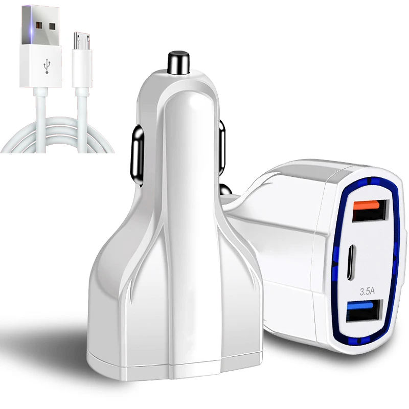 

3 Port USB Car Charger Type c Port Quick Charging 3.0 Car Travel Charger Adapter Multiple USB Chargers Micro Type c Cables 1m