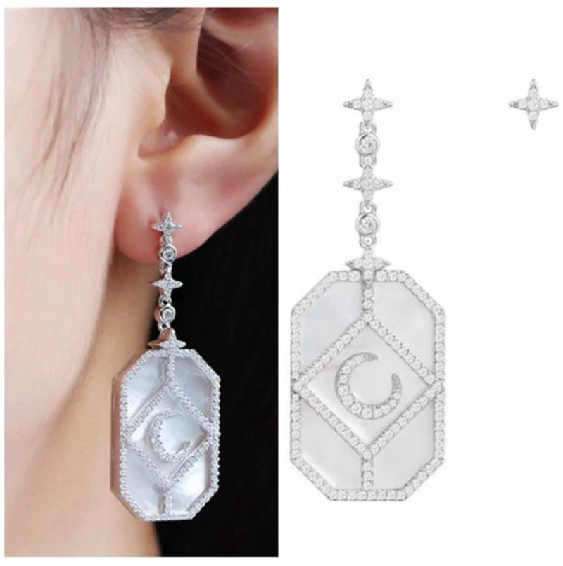 

Luxury 925 Sterling Silver Zircon Art New Moon Stud Earring FESTIVAL Shell Pearl AP Asymmetry Women Wedding Monaco Jewelry